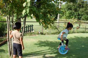 庭で一輪車の練習